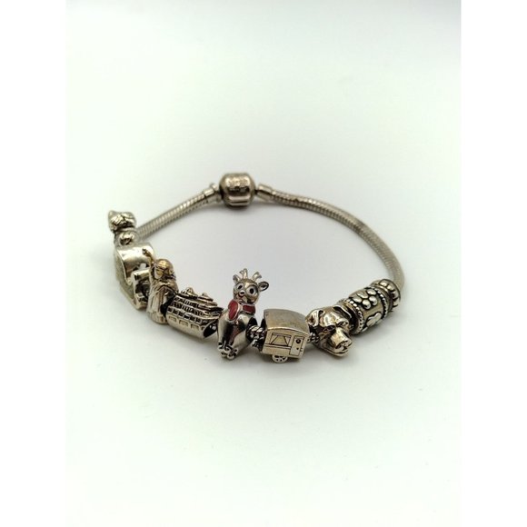Sterling Silver Sliding Charm Reflection Beads Bracelet Dog Sled Reindeer 7.75" - Picture 5 of 9